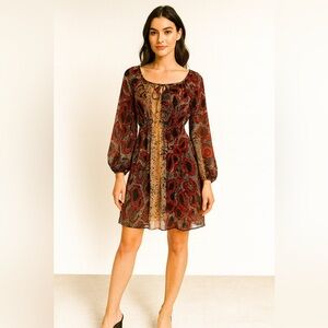 382 Earth Tone Abstract Print Long Sleeve Mini Dress with adjustable waist